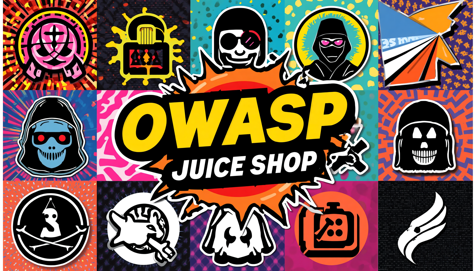 OWASP Juice Shop challenges collage poster for beginners, walkthrough, scoreboard, and vulnerability hunt.