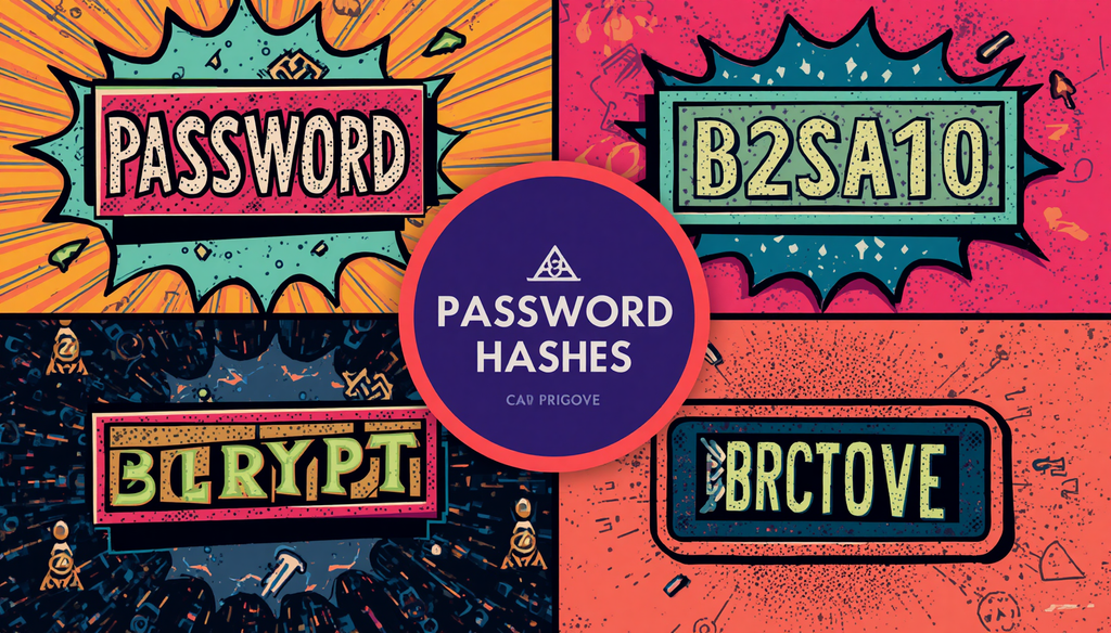 Comic infographic of password hashing algorithms, bcrypt vs Argon2, secure password hashes.