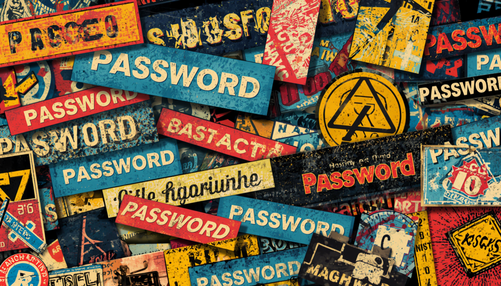 Grunge password sign collage illustrating secure password hashing algorithms, bcrypt vs Argon2, and salted hashes.