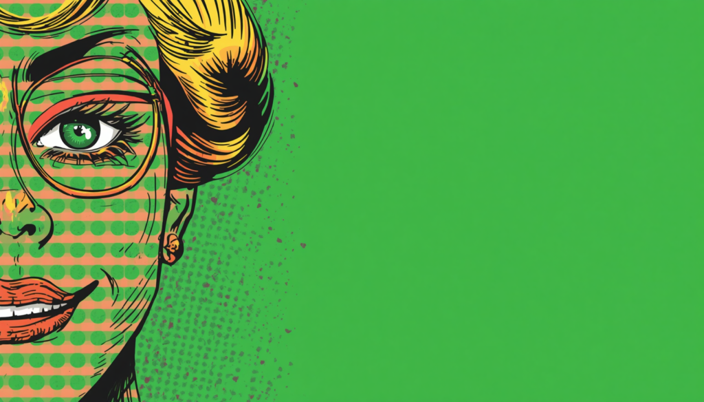 Pop-art woman on green background for AdGuard Ad Blocker review banner.