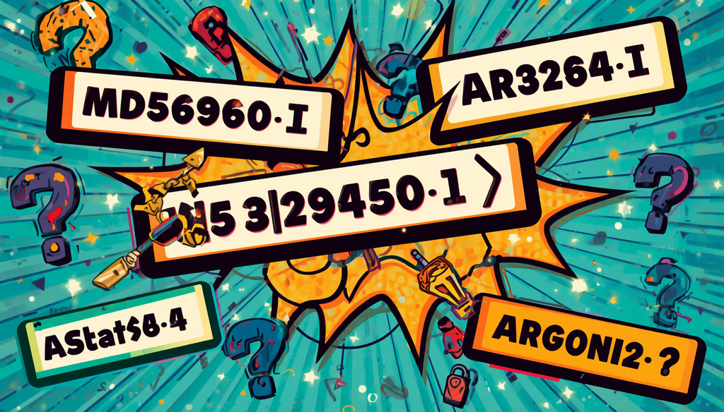 Comic graphic comparing password hashing algorithms: MD5, SHA-1, bcrypt, and Argon2 for security.