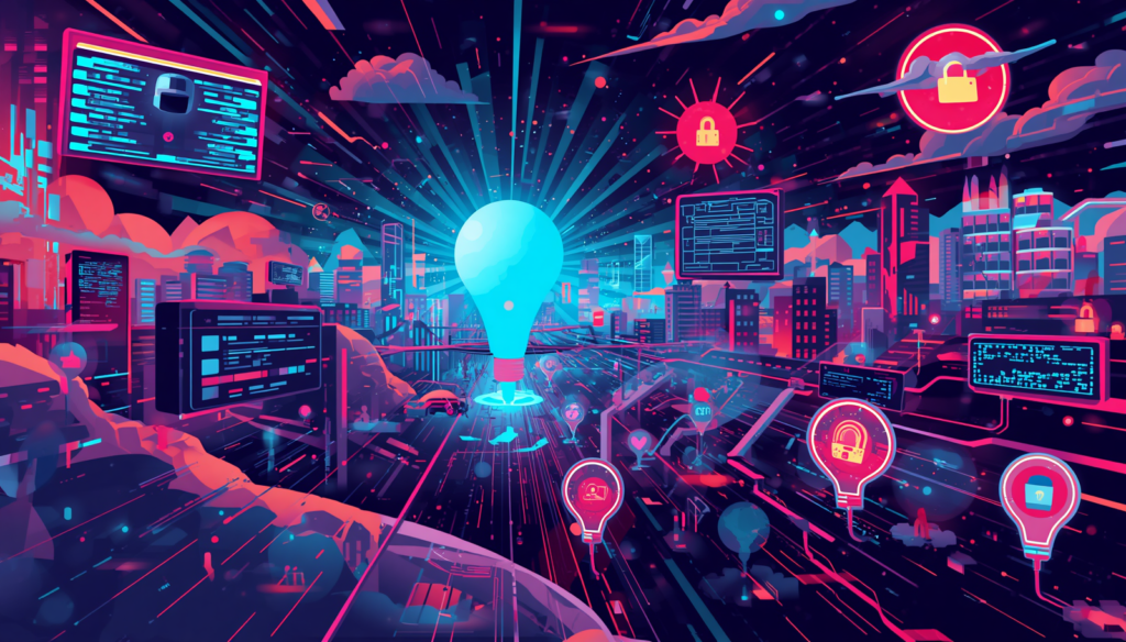 Neon smart city with network traffic analysis dashboards, cybersecurity locks, and glowing innovation lightbulb.