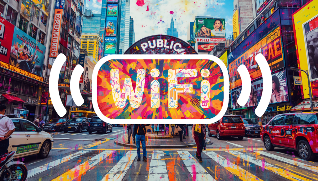 Public WiFi security risks in Times Square cityscape with large wireless signal icon.