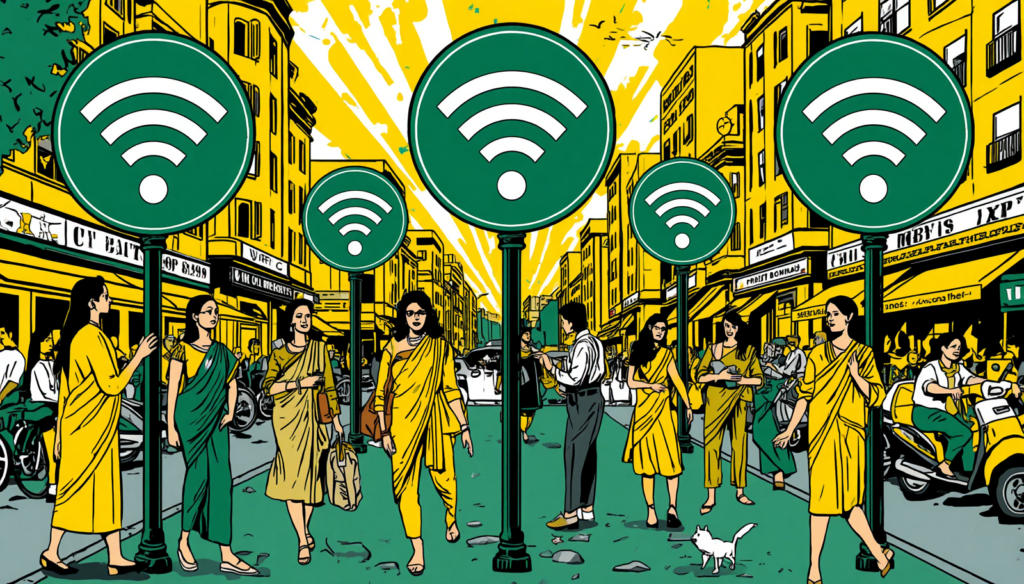 Public Wifi Security: 9 Essential Rules to Stay Safe 4 Crowded city street with public WiFi signs, highlighting public WiFi security risks and safety.
