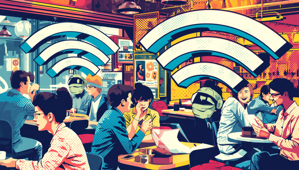 Public Wifi Security: 9 Essential Rules to Stay Safe 2 Public WiFi security risks in a busy cafe coworking space with people under large WiFi symbols.