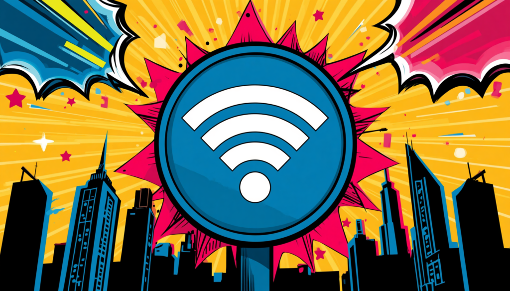 Public Wifi Security: 9 Essential Rules to Stay Safe 3 Public WiFi security risks symbol over city skyline, public WiFi safety and VPN protection.