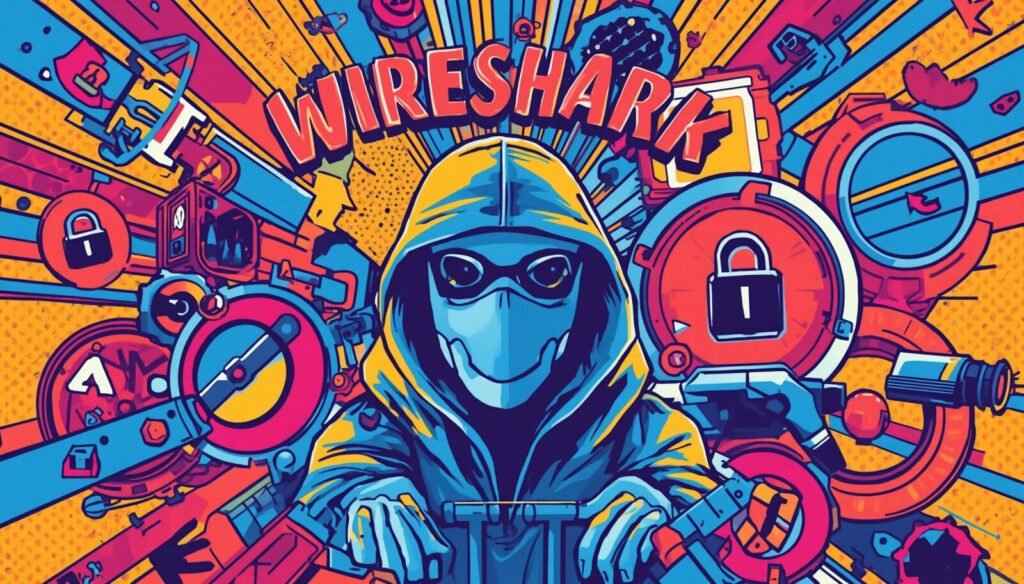 Wireshark display filters poster with hooded hacker, padlocks, and network analysis icons.