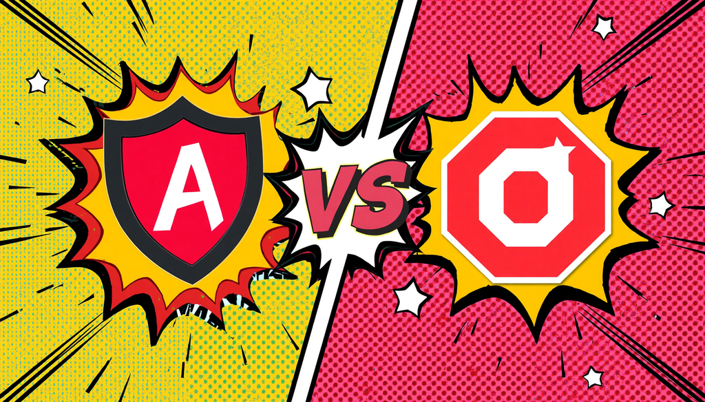 AdGuard vs uBlock Origin: 7 Smart Blocking Differences 4 AdGuard vs uBlock Origin comic showdown with A shield versus O stop-sign symbol.