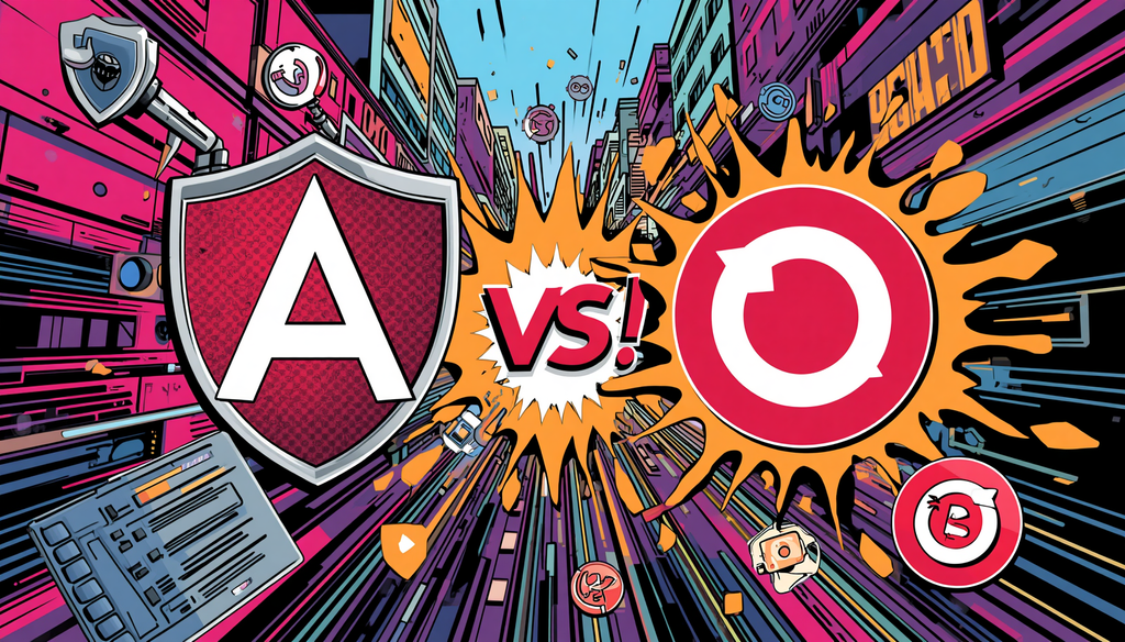 AdGuard vs uBlock Origin: 7 Smart Blocking Differences 2 AdGuard vs uBlock Origin comic-style cybersecurity logo showdown in a neon city.