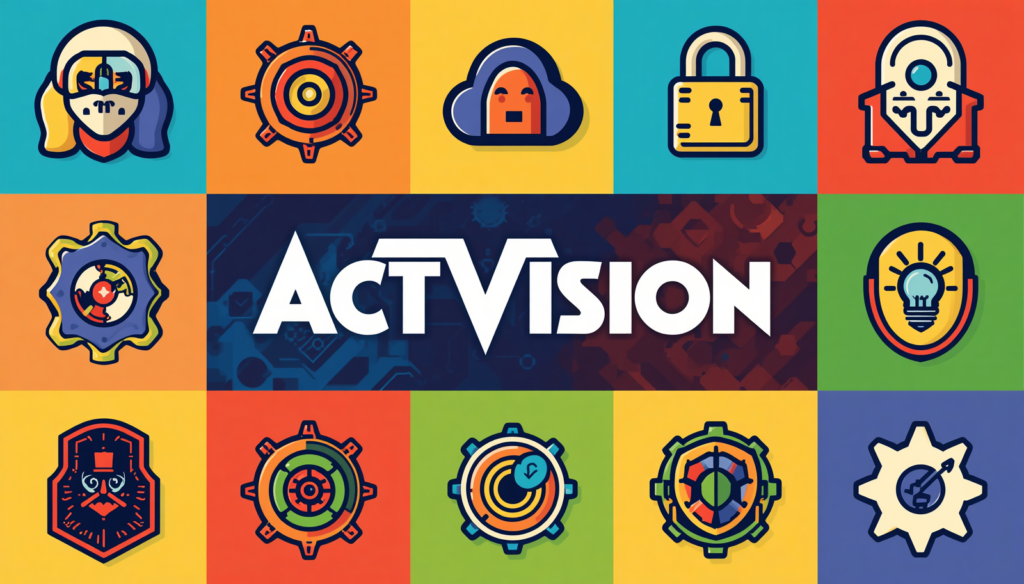 ActVision tech icons collage for Activision account recovery and hacked account help.