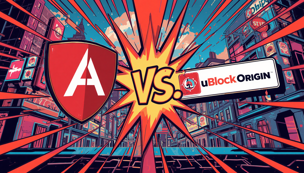 AdGuard vs uBlock Origin: 7 Smart Blocking Differences 3 AdGuard vs uBlock Origin graphic in a comic-style city showdown.