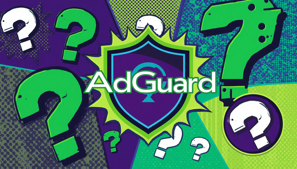 AdGuard DNS vs AdGuard Home: 7 Smart Differences 4 AdGuard DNS vs AdGuard Home FAQ illustration with logo and question marks.