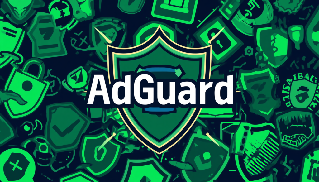 AdGuard for Android ad blocker shield illustration with cybersecurity icons and HTTPS filtering.