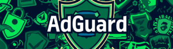 AdGuard for Android ad blocker shield illustration with cybersecurity icons and HTTPS filtering.