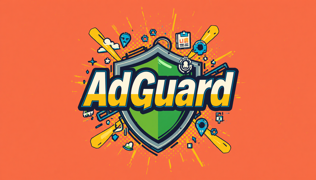 AdGuard DNS ad blocker shield logo with security and tech icons.