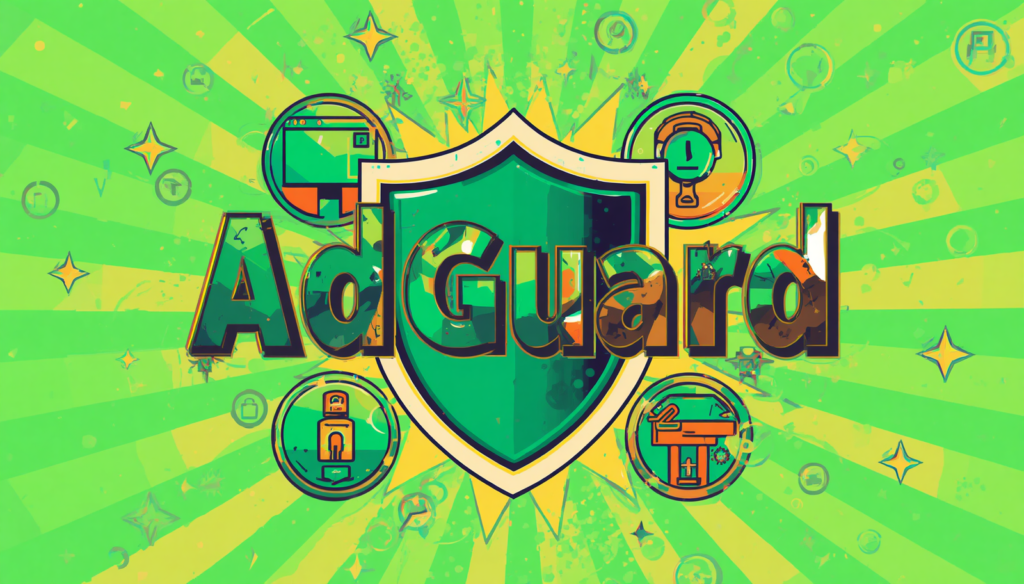 AdGuard shield graphic for ad blocking, privacy protection, and online security.
