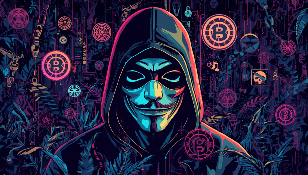 Anonymous mask in a dark web marketplace with Bitcoin symbols and cyberpunk hacker imagery.