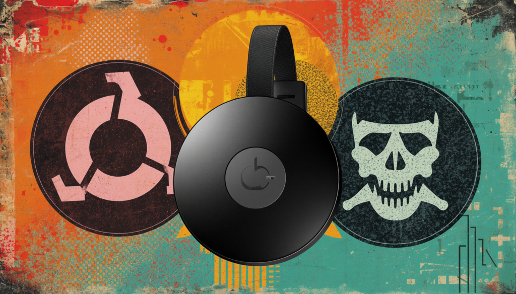 Black streaming device grunge poster art about Chromecast security and hacked WiFi risks.