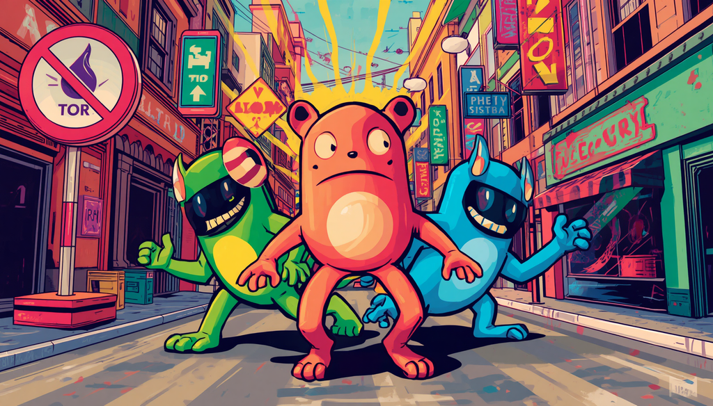 Cartoon monster trio on city street, Tor vs VPN for privacy, Tor Browser, Orbot.