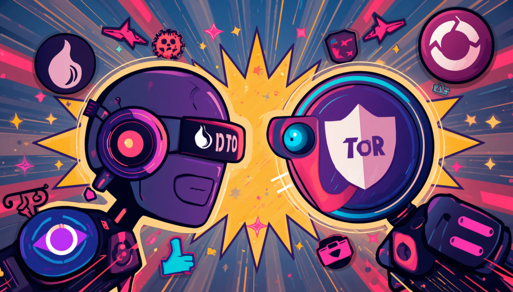 Orbot vs Tor Browser cyberpunk robot faceoff, Tor VPN vs VPN privacy battle.