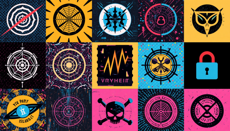 Cyberpunk symbol grid of dark web marketplace, onion vendors, and escrow emblems.