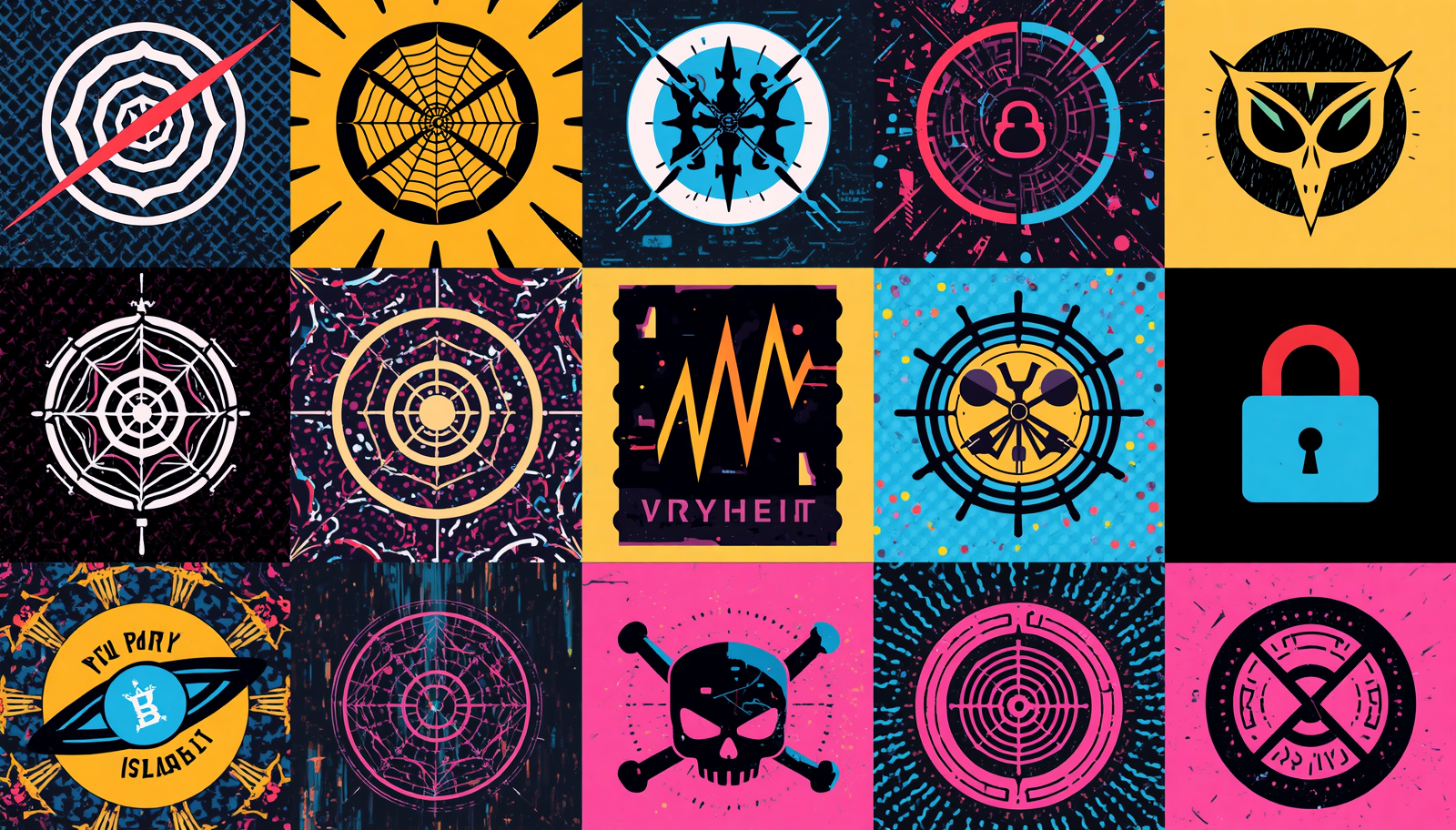 Cyberpunk symbol grid of dark web marketplace, onion vendors, and escrow emblems.