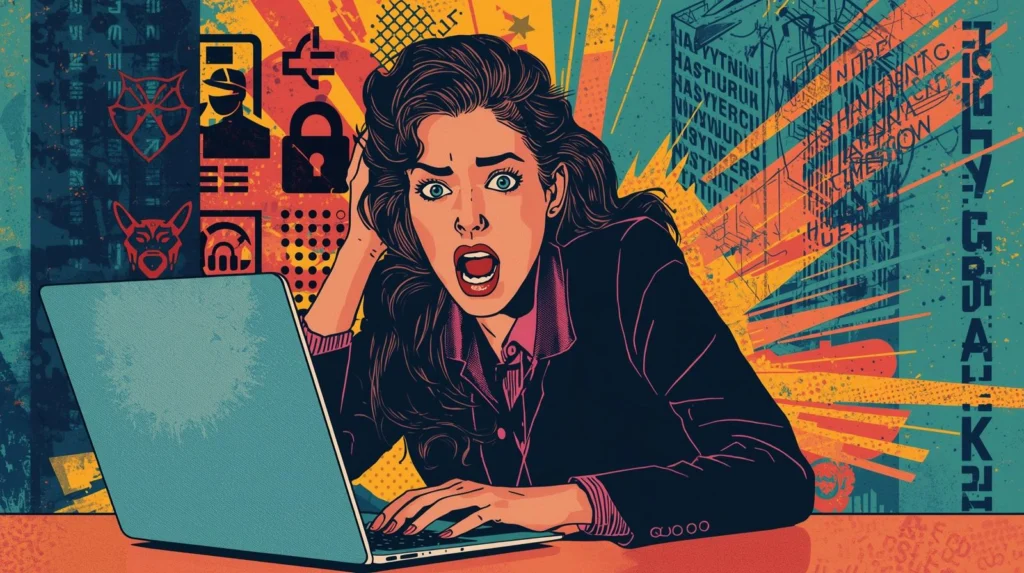 Woman shocked at laptop asking, is my PC hacked during a cyber attack.