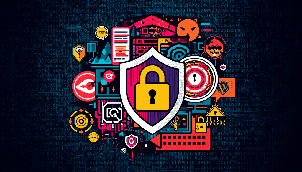 Cybersecurity shield and padlock amid dark web sites, DDoS attacks, and dark web seizures.