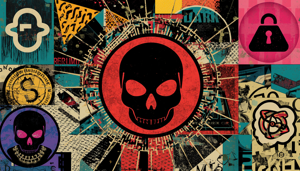 Cyberpunk skull collage on dark web sites, DDoS attacks, seizures, and exit scams.