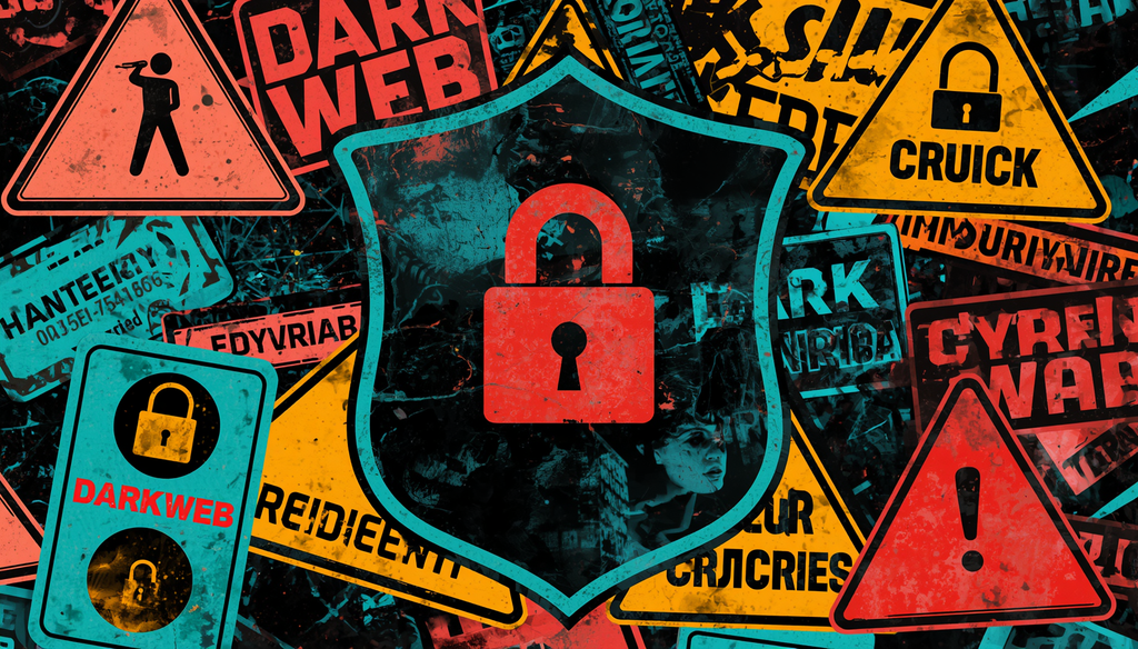 Dark web sites warning collage with shield lock, dark web seizures and DDoS attacks.