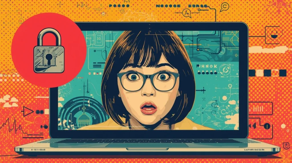 Woman on laptop reacts to padlock alert, showing signs my PC is hacked.