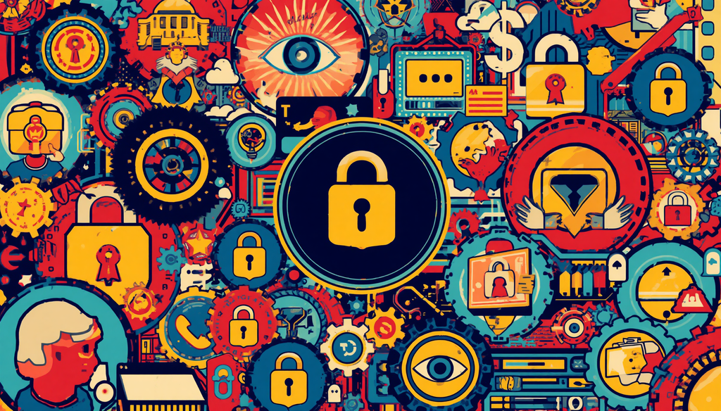 MCP security illustration with padlocks, surveillance eyes, and digital privacy risks.