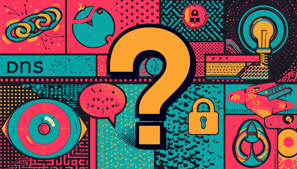 Proton VPN Custom DNS: 7 Real AdGuard Setup Lessons 4 Pop-art tech collage with question mark, Proton VPN custom DNS, AdGuard DNS, and padlock icons.