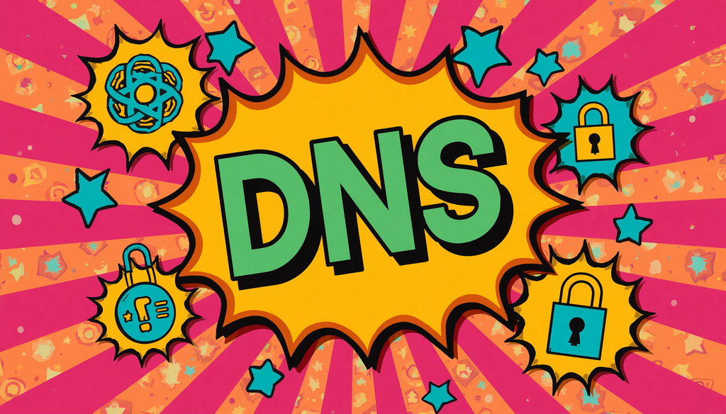 DNS pop art graphic for NordVPN DNS leak test and custom DNS settings.