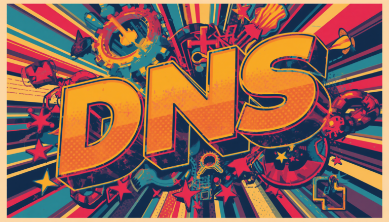 DNS pop art illustration for NordVPN custom DNS settings and DNS leak test.