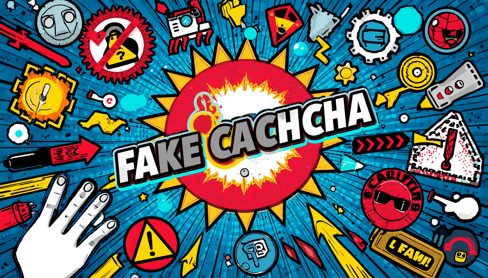 Fake captcha comic warning burst poster about ClickFix malware and fake captcha malware.