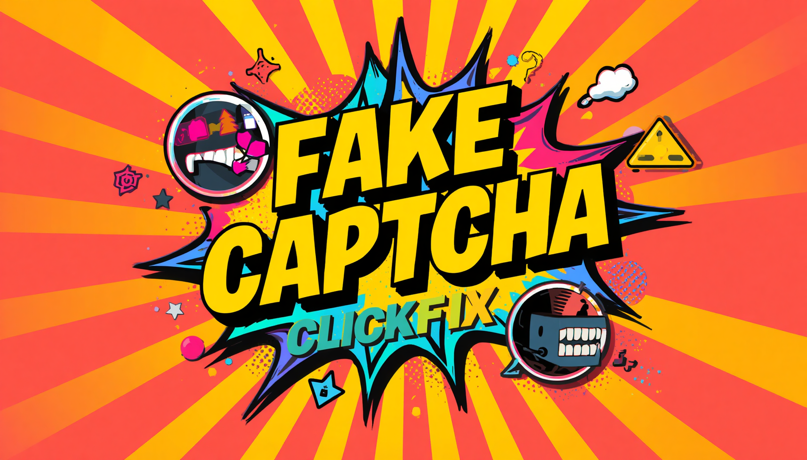 Fake CAPTCHA ClickFix malware warning graphic with comic-style burst and cybersecurity icons.
