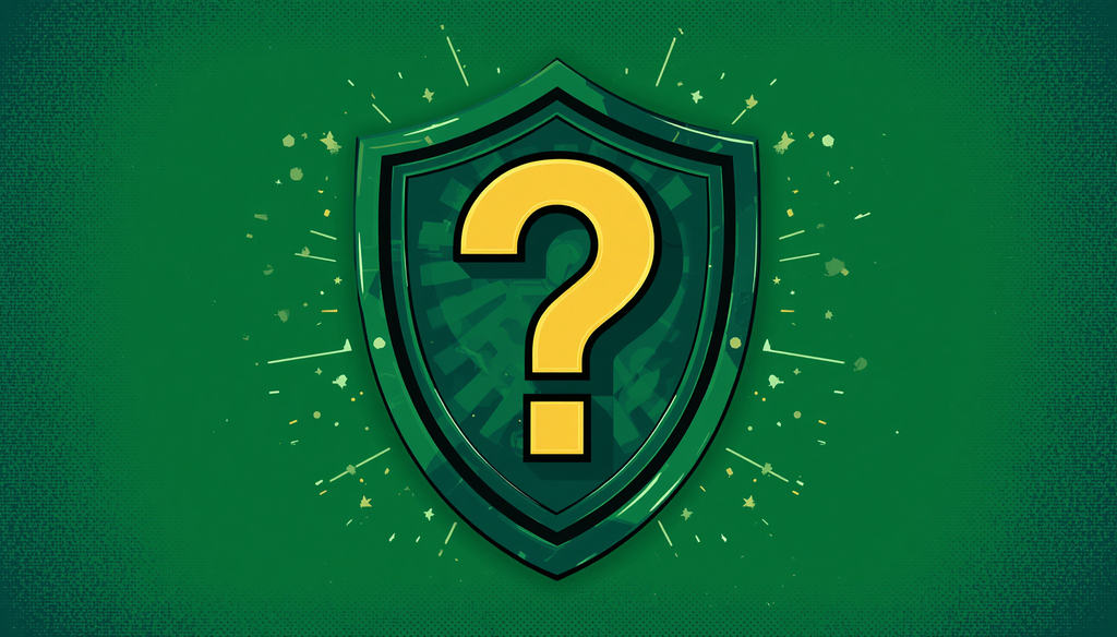 Green shield question mark emblem for AdGuard Home review and network-wide ad blocking.