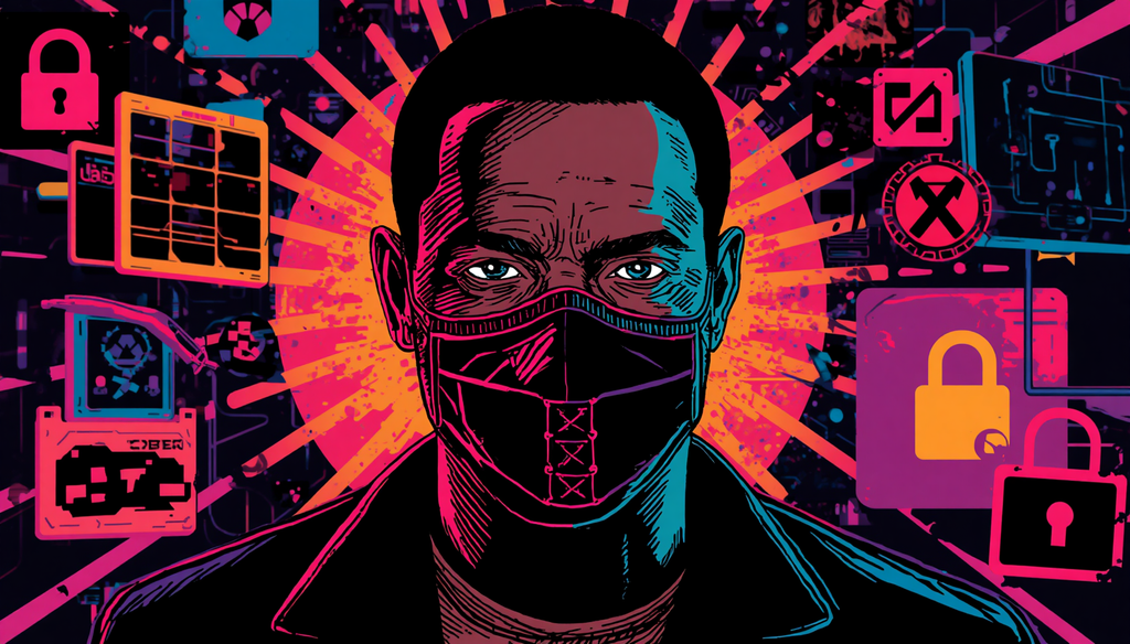 Masked figure in a dark web marketplace illustration with neon locks and cybersecurity panels.