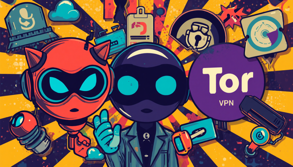 Masked hackers with Tor VPN and Tor Browser icons, illustrating Tor vs VPN for privacy.