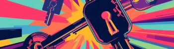 Pop-art keys and locks illustrate passkey phishing, how passkeys prevent phishing, and are passkeys safe.