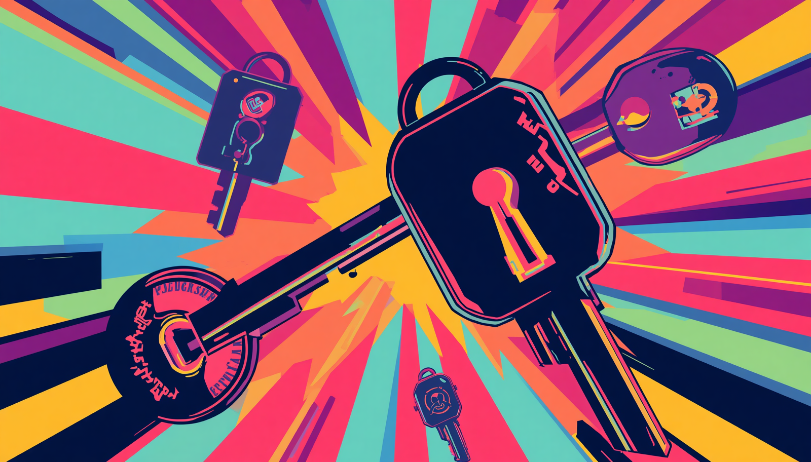 Pop-art keys and locks illustrate passkey phishing, how passkeys prevent phishing, and are passkeys safe.