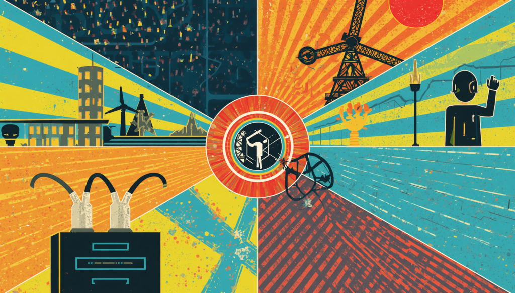 Retro industrial radial poster illustrating network segmentation, red team lab, and SOC monitoring themes.