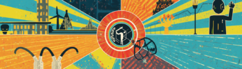 Retro industrial radial poster illustrating network segmentation, red team lab, and SOC monitoring themes.
