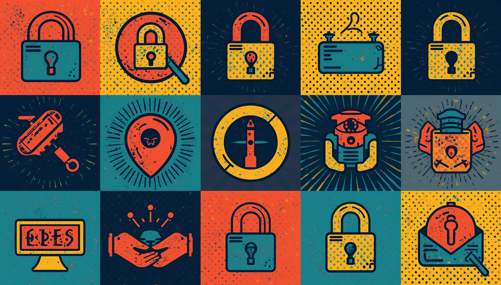 Retro cybersecurity icon grid illustrating NordVPN custom DNS settings, DNS leak test, and AdGuard DNS.