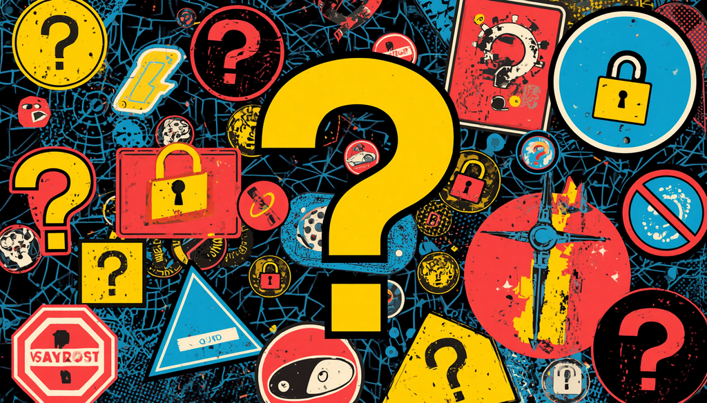 Dark web sites down collage with question marks, padlocks, seizures, DDoS attacks, and exit scams.