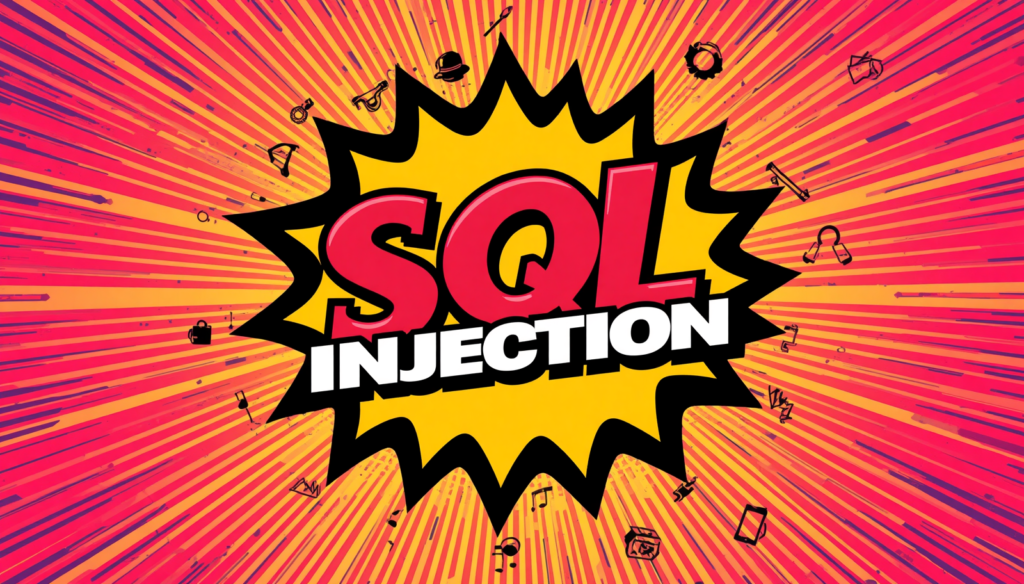 SQL injection comic burst poster illustrating a cyber security vulnerability and attack example.