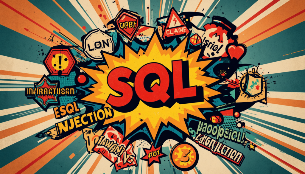 SQL Injection Explained: 7 Essential Safe Lab Lessons 2 SQL injection pop art warning burst illustrating cyber security vulnerability and SQL injection protection.