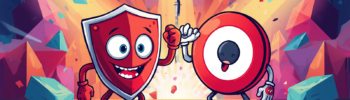 AdGuard vs uBlock Origin mascots celebrate on stage under colorful spotlights.