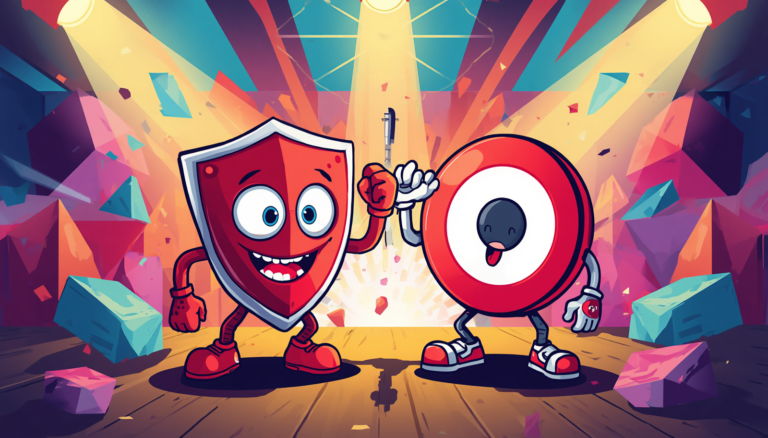 AdGuard vs uBlock Origin mascots celebrate on stage under colorful spotlights.